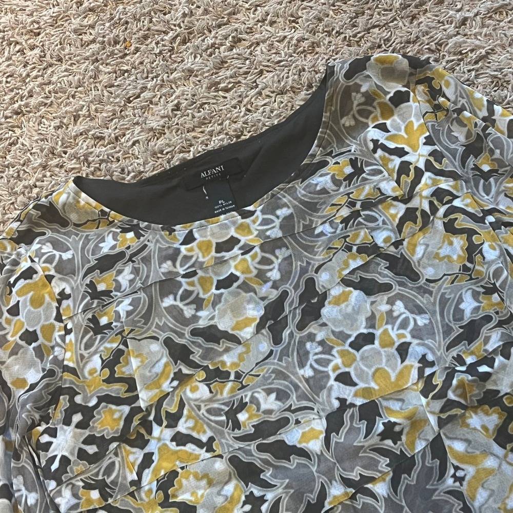 Alfani Petite PL Mesh Tiered Blouse Damask Floral Grey Yellow 3/4 Sleeve Top